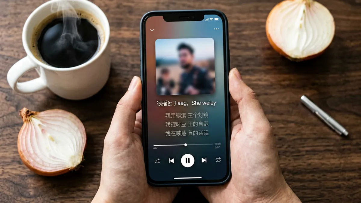 用手机播放洋葱歌曲的场景，屏幕上显示一层一层剥开你的衣服相关歌词字幕